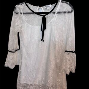 Chic White Lace Blouse with Black Accents